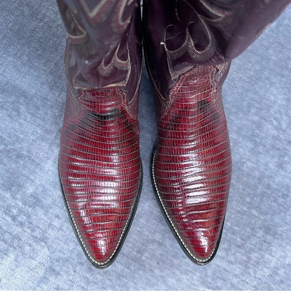 Vintage Nocona Boots Men’s Sz 9 E Teju Lizard Cowboy Western Rodeo Burgundy USA - Picture 9 of 15